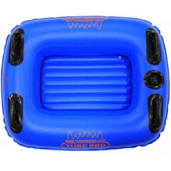 Blue rectangular inflatable raft with black handles and orange text on top.