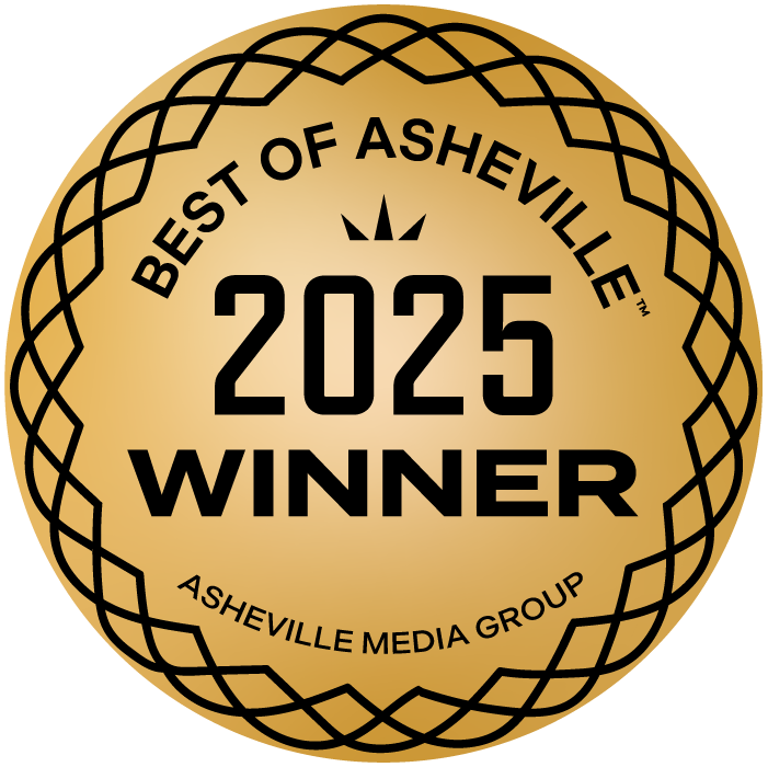 Gold medallion reading 'Best of Asheville 2025 Winner, Asheville Media Group.'