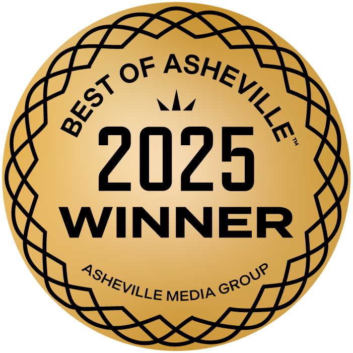 Gold medallion reading 'Best of Asheville 2025 Winner, Asheville Media Group.'