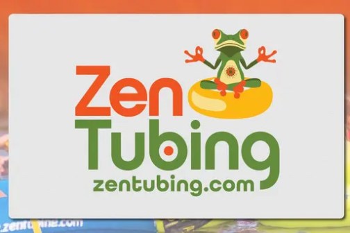 Zen Tubing logo with meditating frog on a tube, website zentubing.com.