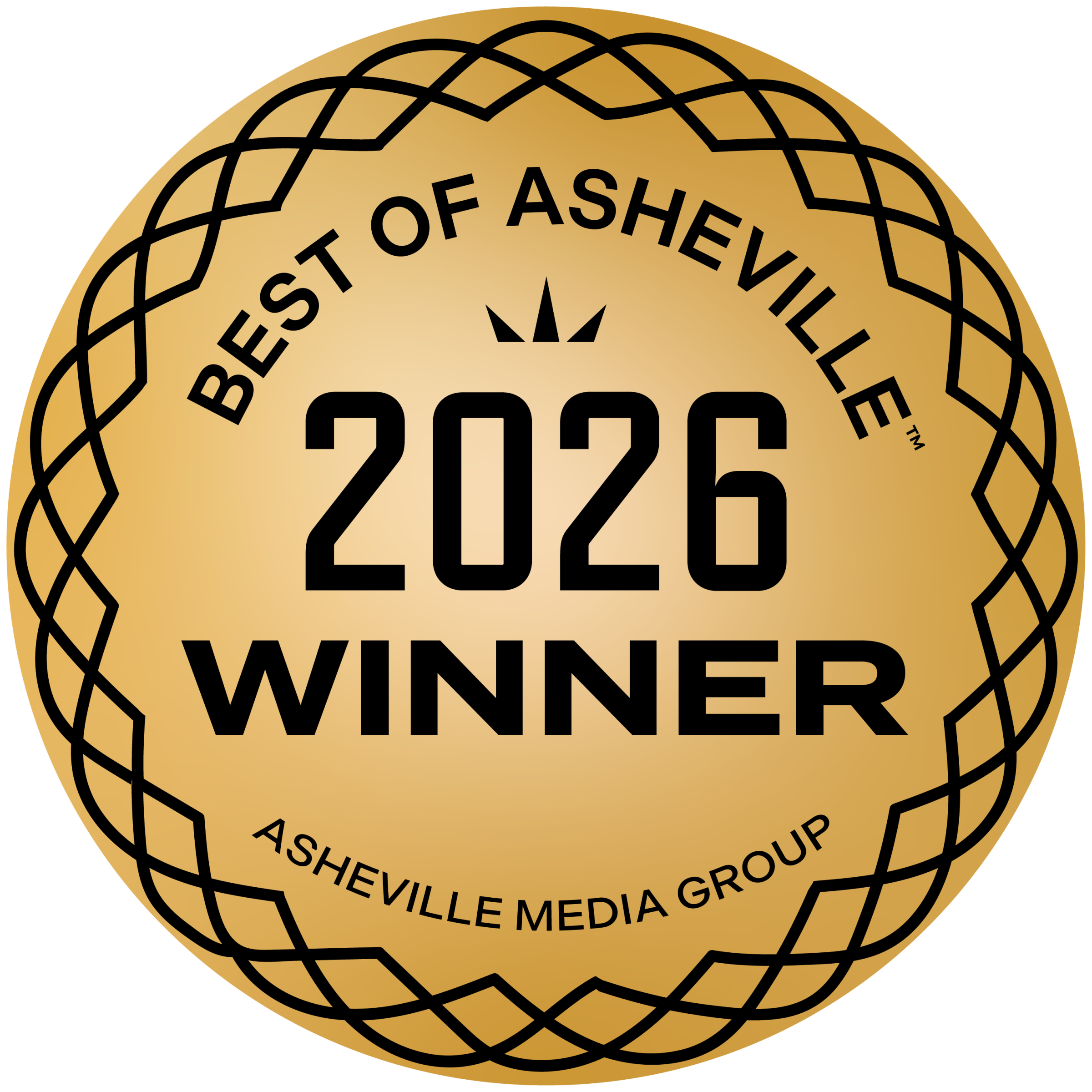Gold circular badge with 'Best of Asheville 2026 Winner' and 'Asheville Media Group' text.