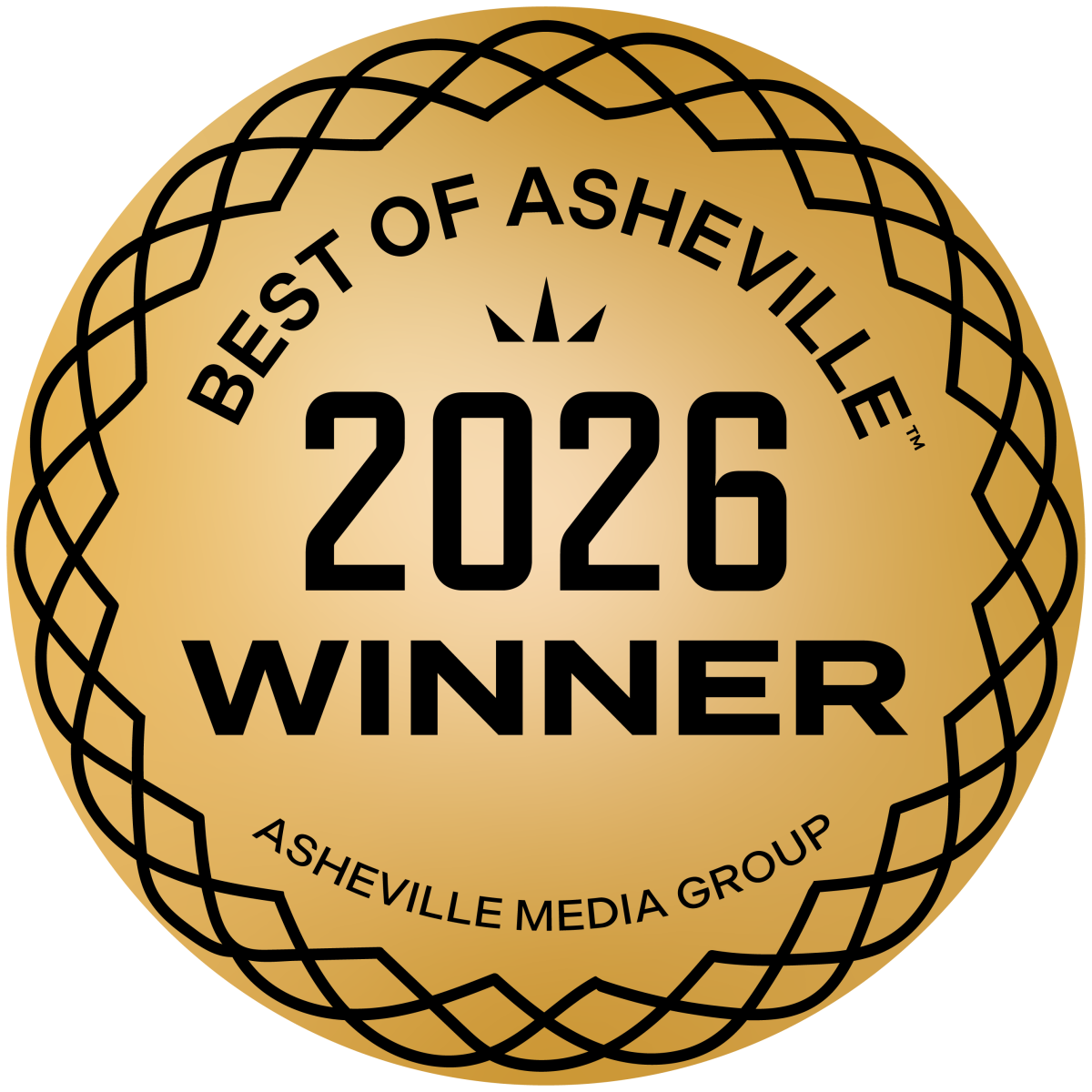 Gold circular badge with 'Best of Asheville 2026 Winner' and 'Asheville Media Group' text.