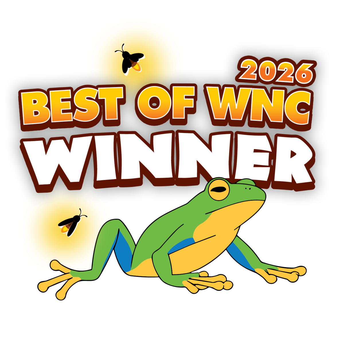 Illustration of a frog with 'Best of WNC Winner 2026' text and fireflies.