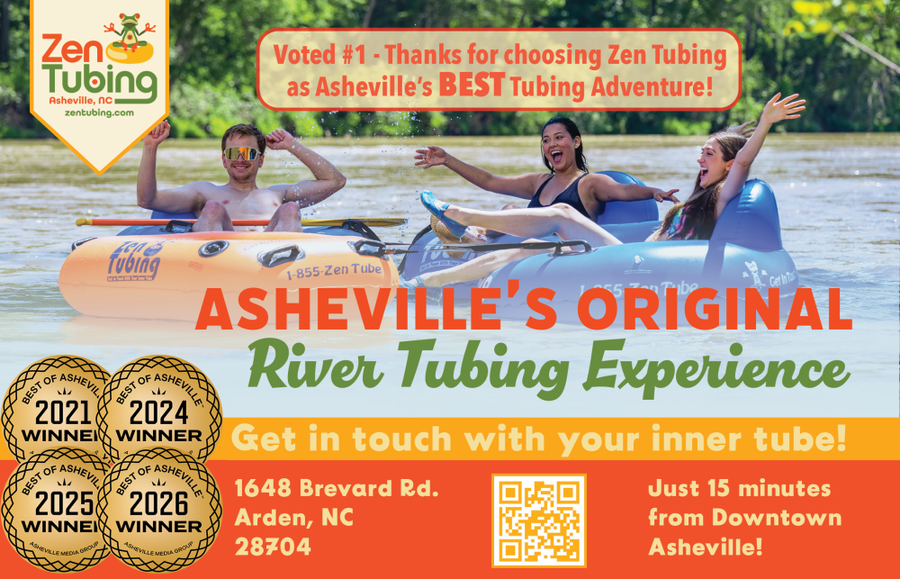 Three people tubing on a river with Zen Tubing branding and award badges.